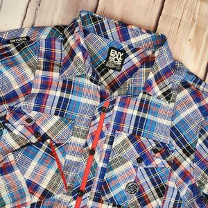 Enyce Mens Large‎ Long Sleeve Madras Geometric Blue Red Black Button Up Shirt